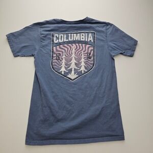 Columbia Sportswear Mens Small Blue Graphic T-Shirt Pine Tree Back Print Tee